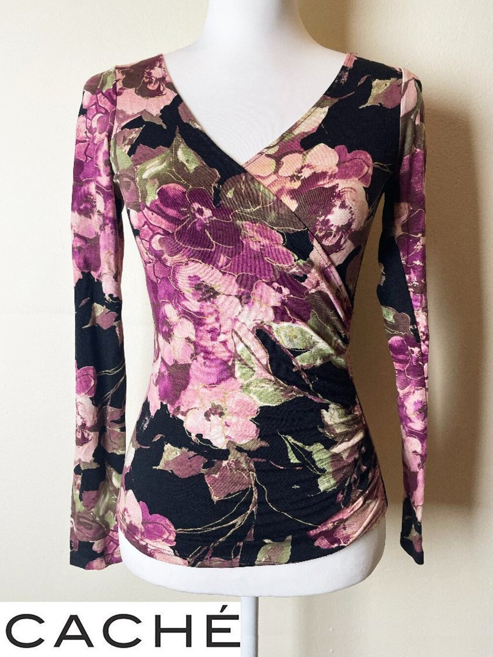 Cache Floral Long Sleeve V-Neck Vintage Multicolor Top | Size XS